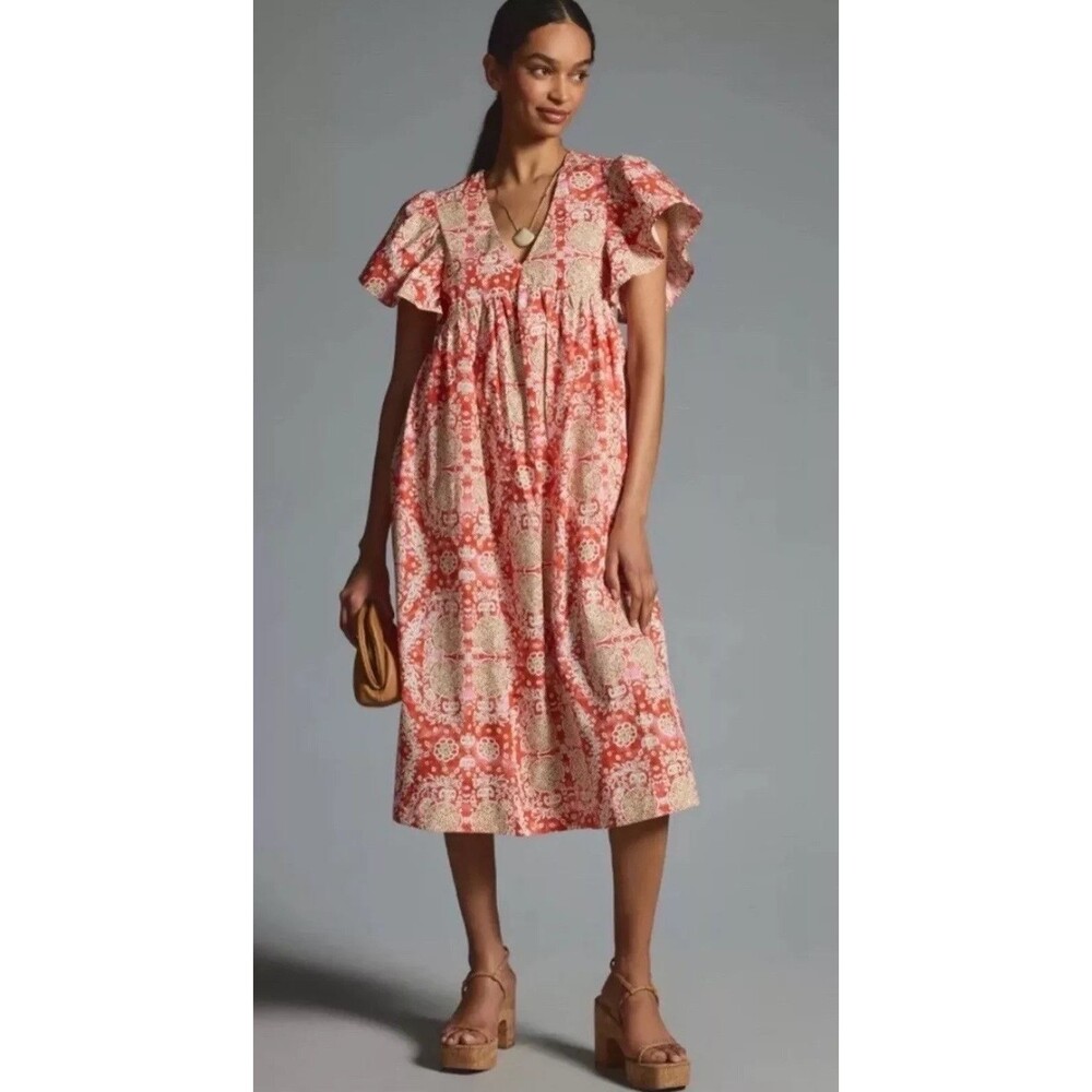 Anthropologie Maeve Midi Dress Women Babydoll Preppy Cotton Boho Vacay Small NWT